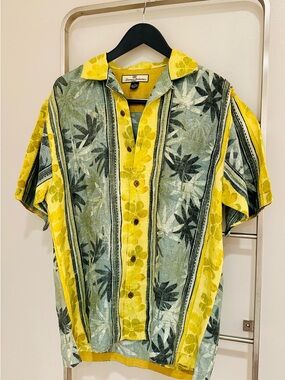Tommy Bahama Yellow and Green Floral Stripe Camp Shirt